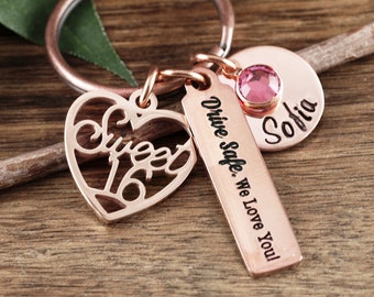 Rose Gold Sweet 16 Keychain, Personalized Sweet 16th Birthday Gifts, Sweet Sixteen Gift, Sweet 16 Gift, Sweet 16 Key Chain, Drive Safe
