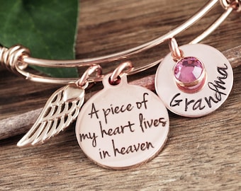 Rose Gold Memorial Bracelet, Piece of my heart lives in heaven, Personalized Memorial Bracelet, Sympathy Gift, Loss of Grandma, Remembrance