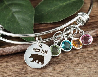 Silver Mama Bear Bracelet, Mom Gifts, Christmas Gifts for Women, Mom Birthstone Bracelet, Mom Jewelry, Mama Bear Gift, Mothers Day Jewelry