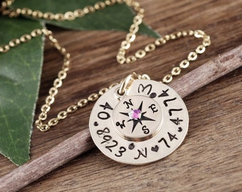 Gold Coordinate Necklace, Custom Compass Necklace, Compass Charm Necklace, Wanderlust, Graduation Gift, Gift for Graduate, Travel Necklace