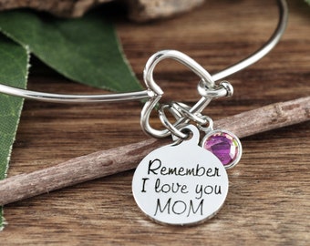 Remember I love you MOM, Personalized Mom Bracelet, Mother's Gift, Heart Bangle Bracelet, Silver Heart Bangle Bracelet, Gift for Mom