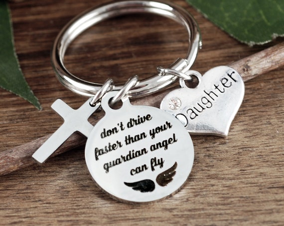 New Driver Key Chain, Don't drive faster than your guardian angel can fly Keychain, Gift for Daughter or Son Keyring, Present for Boy Girl