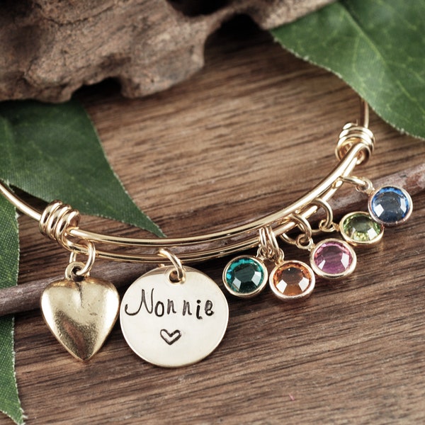 Personalized Grandma Bracelet, Grandmother Birthstone Bracelet, Heart Bangle Bracelet, Gift for Grandma, Heart Bracelet, Mothers Day Gift