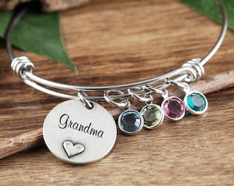 Grandma Birthstone Bracelet, Mother Bangle Bracelet, Gift For Mom, Heart Bracelet, Mommy Bracelet, Heart Bracelet, Mother's Day Gift