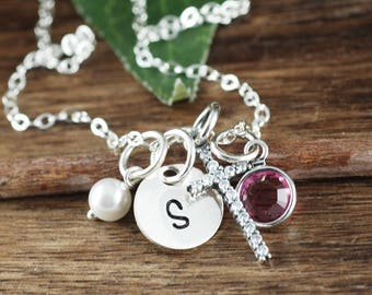 First Holy Communion Gift, Confirmation Gift for Girls, Baptism Gift for Girl, Initial Cross Pendant, Cross Necklace, Christian Gift