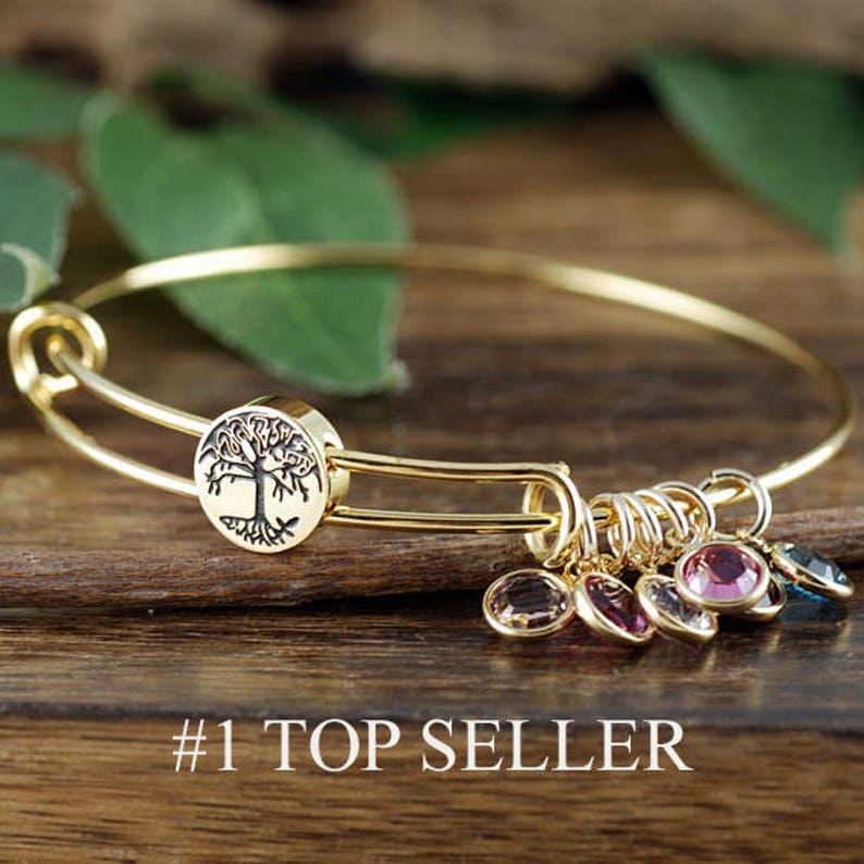 Grandmother Bracelet, Personalized Birthstone Bracelet, Tree of life Charm Bracelet, Gold Family Tree Bangle Bracelet, Mom Bracelet 