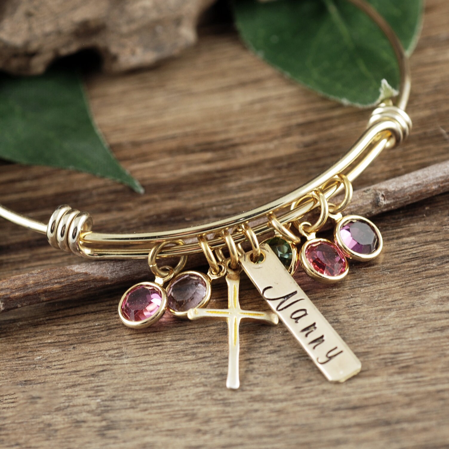 Grandma Birthstone Bracelet, Gold Cross Charm Bracelet with Birthstones
