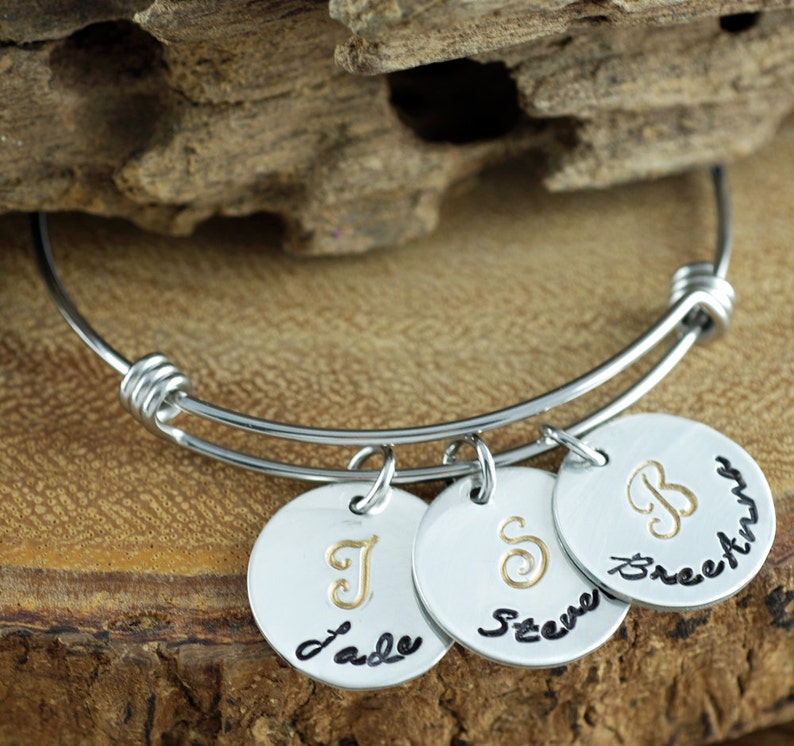 Personalized Initial Bracelet New Mom Bracelet Hand Stamped Name Charm Bracelet Birthstone Mom Bracelet Kids Name Gift Mothers Bracelet