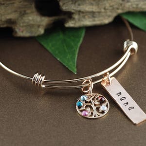 Rose Gold Family Tree Bangle Bracelet, Personalized Birthstone Bracelet, Grandmother Bracelet, Gift for Grandma, Mothers Day Gift image 3
