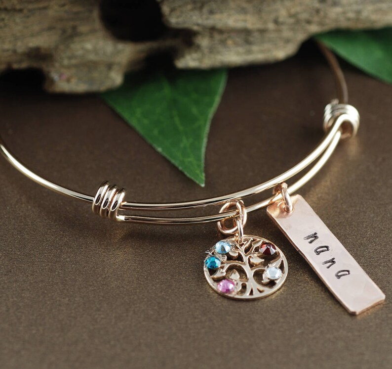 Rose Gold Family Tree Bangle Bracelet, Personalized Birthstone Bracelet, Grandmother Bracelet, Gift for Grandma, Mothers Day Gift image 3