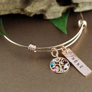 Rose Gold Family Tree Bangle Bracelet, Personalized Birthstone Bracelet, Grandmother Bracelet, Gift for Grandma, Mothers Day Gift image 5