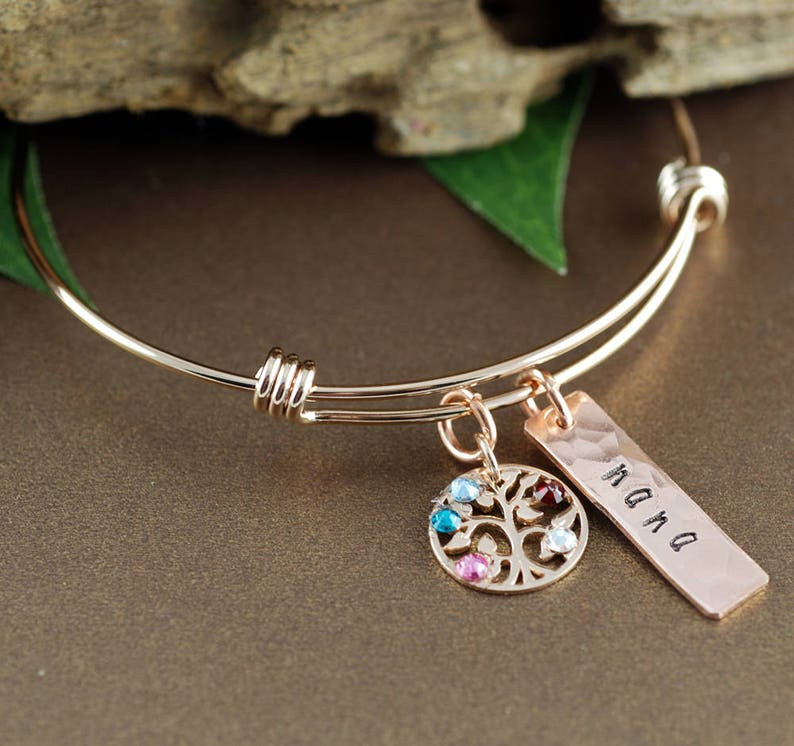 Rose Gold Family Tree Bangle Bracelet, Personalized Birthstone Bracelet, Grandmother Bracelet, Gift for Grandma, Mothers Day Gift image 5