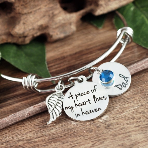 Personalized Memorial Bracelet, A piece of my heart lives in heaven, Sympathy Gift, Loss of Loved One, Silver Bangle Bracelet