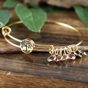 Grandmother Bracelet, Personalized Birthstone Bracelet, Tree of life Charm Bracelet, Gold Family Tree Bangle Bracelet, Mom Bracelet image 3