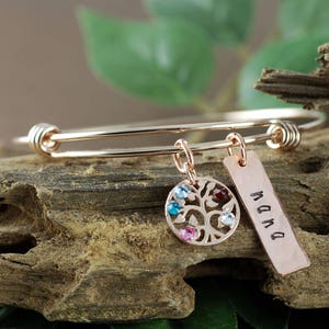 Rose Gold Family Tree Bangle Bracelet, Personalized Birthstone Bracelet, Grandmother Bracelet, Gift for Grandma, Mothers Day Gift image 1