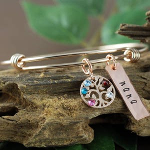 Rose Gold Family Tree Bangle Bracelet, Personalized Birthstone Bracelet, Grandmother Bracelet, Gift for Grandma, Mothers Day Gift image 2
