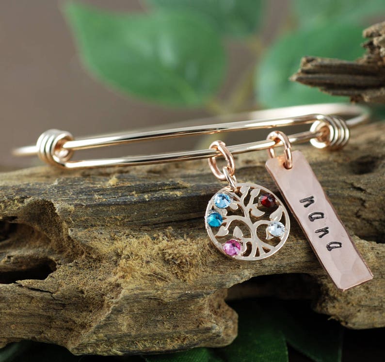 Rose Gold Family Tree Bangle Bracelet, Personalized Birthstone Bracelet, Grandmother Bracelet, Gift for Grandma, Mothers Day Gift image 2