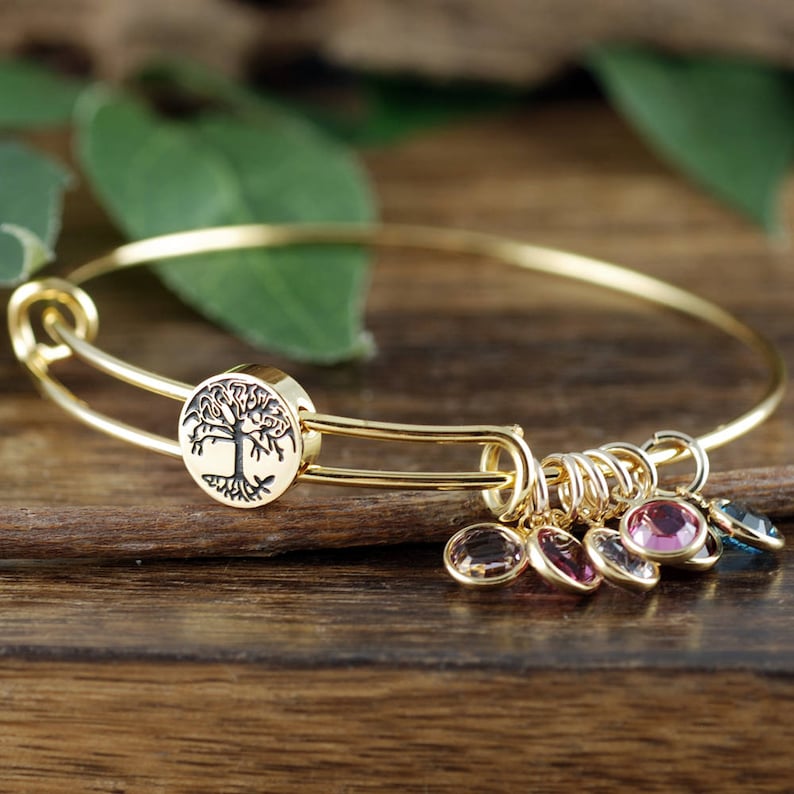 Grandmother Bracelet, Personalized Birthstone Bracelet, Tree of life Charm Bracelet, Gold Family Tree Bangle Bracelet, Mom Bracelet image 2