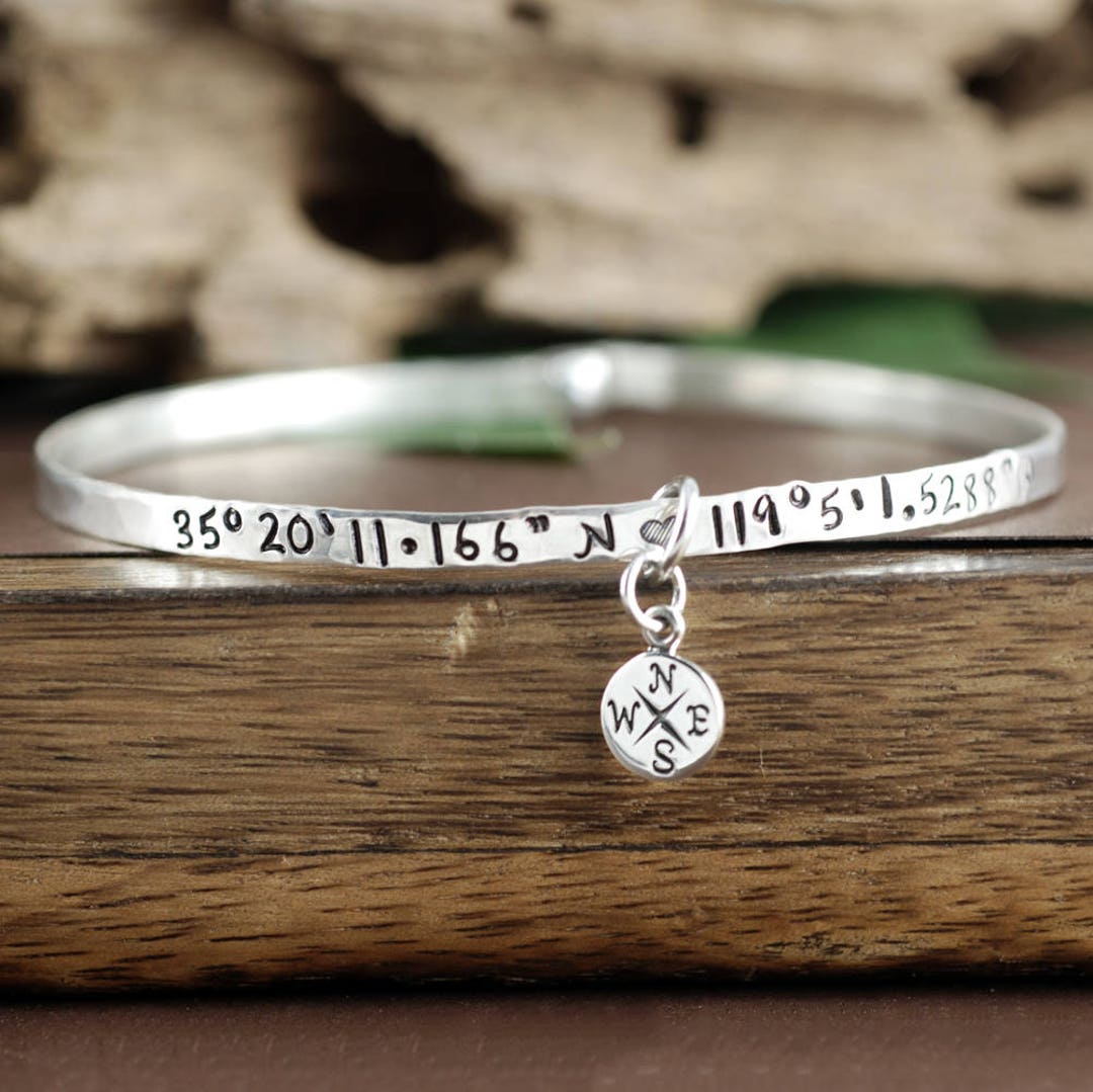 Silver Coordinate Bracelet Latitude Longitude Bracelet GPS Coordinate Bracelet silver Bangle Bracelet Compass Bracelet Location Jewelry Etsy