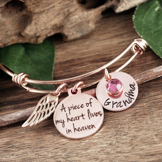 Rose Gold Memorial Bracelet, Piece of my heart lives in heaven, Personalized Memorial Bracelet, Sympathy Gift, Loss of Grandma, Remembrance