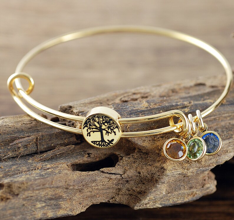 Grandmother Bracelet, Personalized Birthstone Bracelet, Tree of life Charm Bracelet, Gold Family Tree Bangle Bracelet, Mom Bracelet image 6