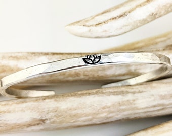 Silver Lotus Bracelet, Boho Jewelry, Skinny cuffs, Yoga Bracelet, Lotus Jewelry, Christmas Gift, Gift for Her, Personalized Gift