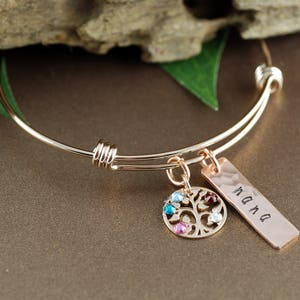 Rose Gold Family Tree Bangle Bracelet, Personalized Birthstone Bracelet, Grandmother Bracelet, Gift for Grandma, Mothers Day Gift image 4