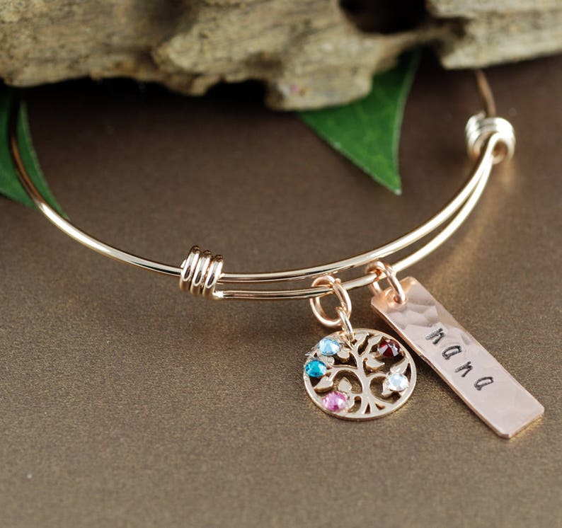 Rose Gold Family Tree Bangle Bracelet, Personalized Birthstone Bracelet, Grandmother Bracelet, Gift for Grandma, Mothers Day Gift image 4