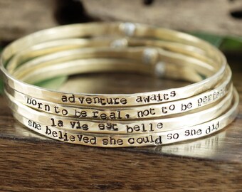 Inspirational Bangle Bracelet, Hand Stamped Motivational Jewelry, Stackable Bracelets, Motivational Bracelet, Personalized  Gift for Her