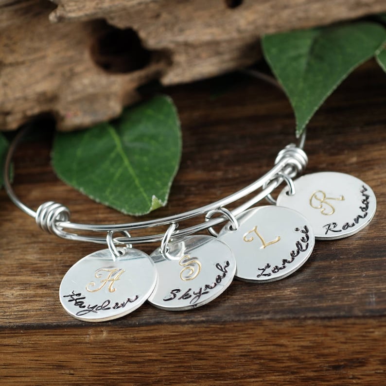 Personalized Initial Bracelet New Mom Bracelet Hand Stamped Name Charm Bracelet Birthstone Mom Bracelet Kids Name Gift Mothers Bracelet