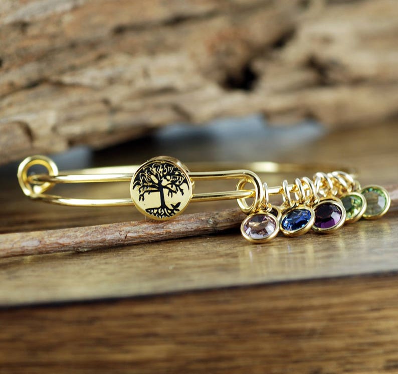 Grandmother Bracelet, Personalized Birthstone Bracelet, Tree of life Charm Bracelet, Gold Family Tree Bangle Bracelet, Mom Bracelet image 4