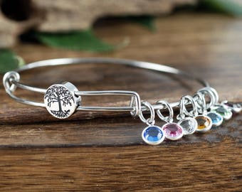 Custom Birthstone Charm Bracelet For Grandma, Mother's Day Gift, Mom Bracelet, Mothers Bracelet, Family Tree Bracelet, Personalized Bangle