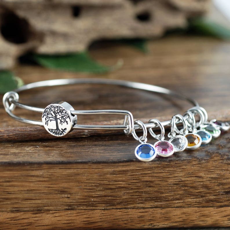 Grandmother Bracelet, Personalized Birthstone Bracelet, Tree of life Charm Bracelet, Gold Family Tree Bangle Bracelet, Mom Bracelet image 5