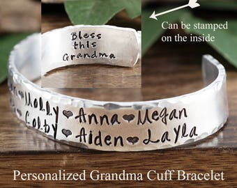 Personalized Grandma Bracelet, Grandmother Cuff Bracelet, Grandchildren's Names, Mothers Day Gift, Gift for Grandma,Christmas Gift for Her