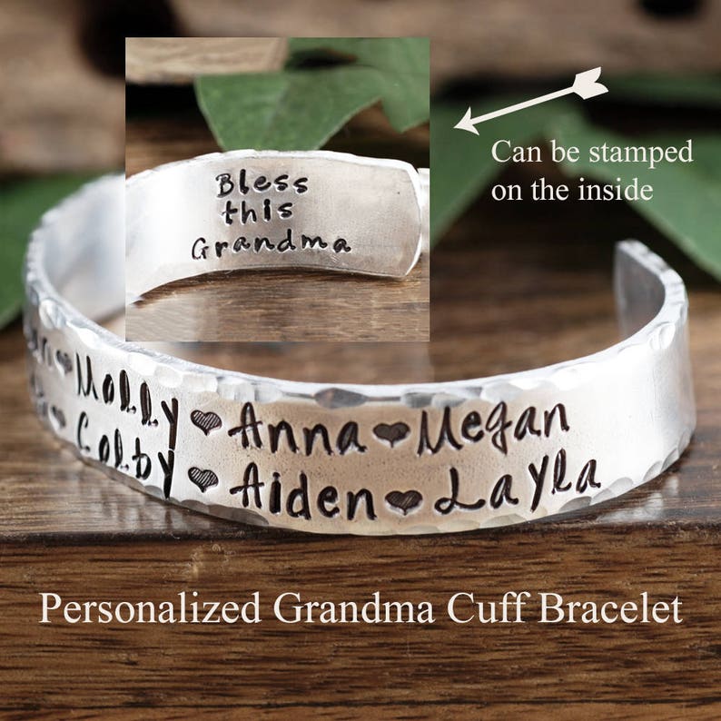 Personalized Grandma Bracelet, Grandmother Cuff Bracelet, Grandchildren's Names, Mothers Day Gift, Gift for Grandma,Christmas Gift for Her image 1