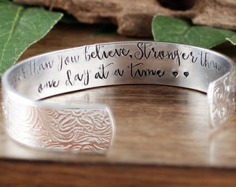 Inspirational Bracelet, You are braver than you Believe, Stronger than you seem, One Day at a Time, Secret Message Cuff Bracelet