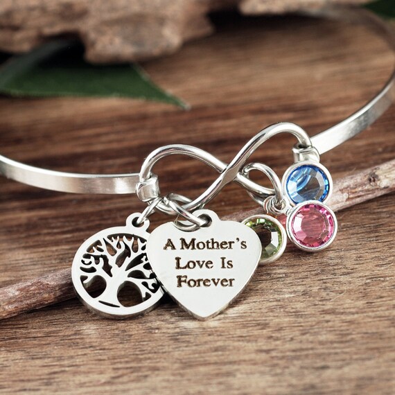 Personalized Mom Bracelet, A Mother's Love is Forever, Infinity Tree of Life Bracelet, Infinity Bangle Bracelet, Birthstone Bracelet for Mom