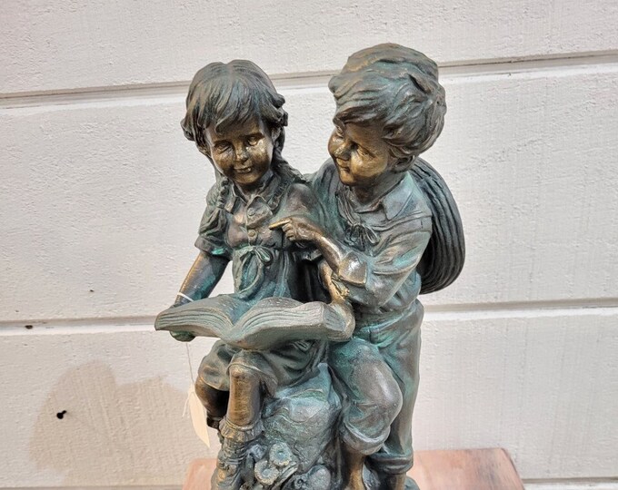 Garden Statue Boy and Girl Reading Patina Bronze Color Etsy