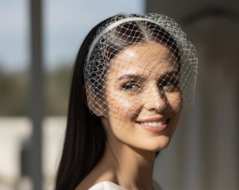 Birdcage Veil White Mesh Netting Bridal Fascinator Headband Civil Ceremony Wedding Accessory
