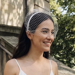 Birdcage Veil in White Mesh Netting - Bride Fascinator Headband Accessory for Civil Ceremony Wedding