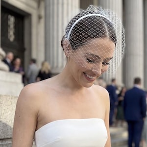 Birdcage Veil in White Mesh Netting - Bride Fascinator Headband Accessory for Civil Ceremony Wedding