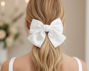 White Bridal Bow – Wedding Hair Clip – Bride Hair Accessory, Modern Satin Barrette