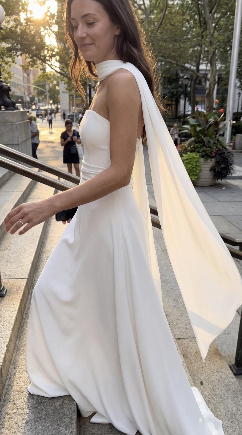 white silk dress with neck scarf White Dress with Scarf around Neck