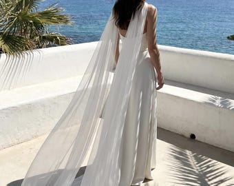 Long Bridal Silk Shawl / Sheer Ivory White Wedding Train Scarf / Bride Coverup
