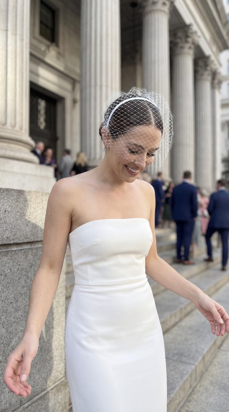 Birdcage Veil in White Mesh Netting - Bride Fascinator Headband Accessory for Civil Ceremony Wedding