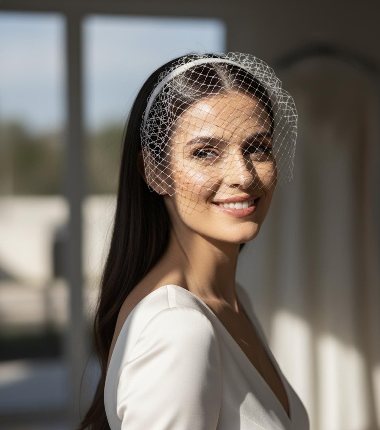 Voilette de mariée blanche sur serre-tête style bibi rétro