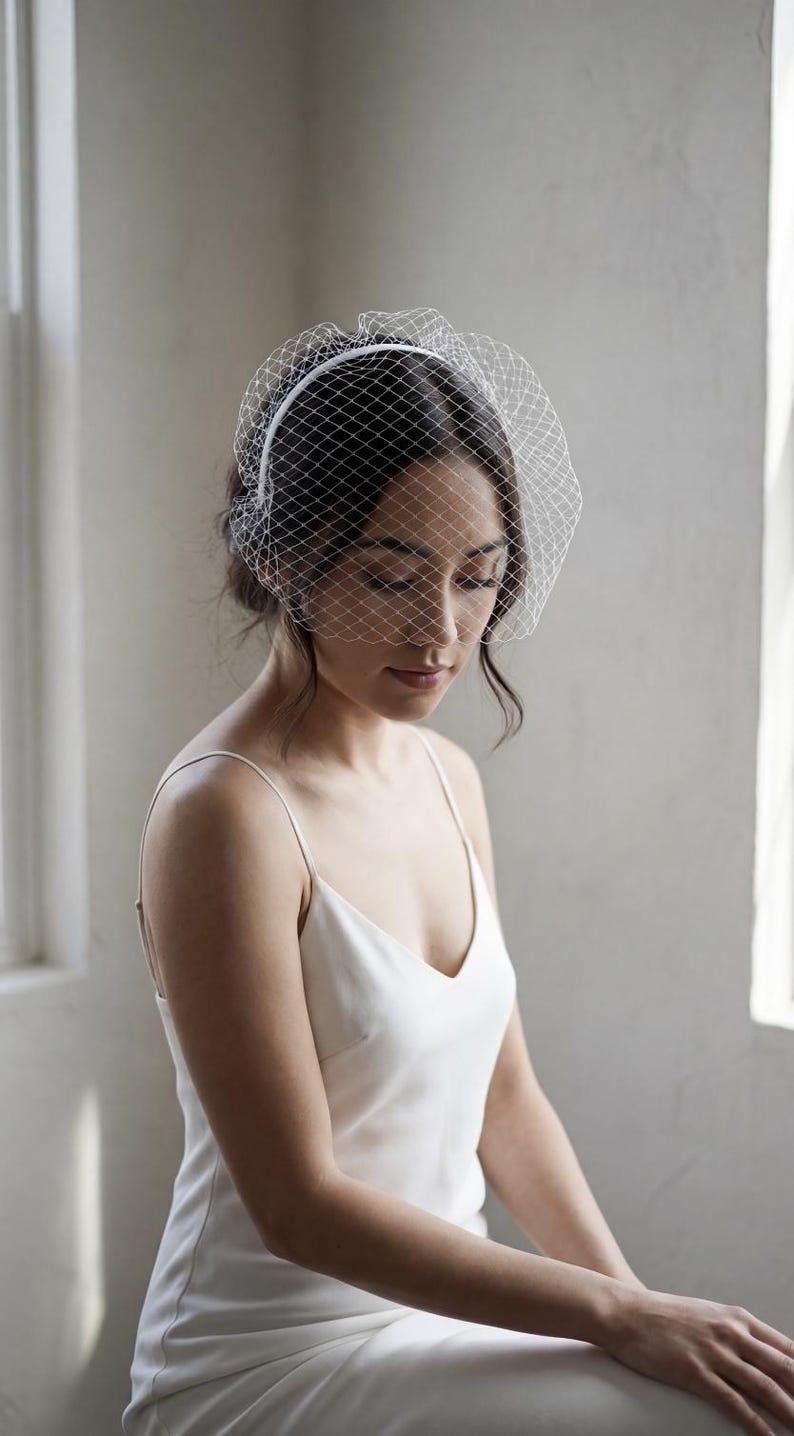 Birdcage Veil in White Mesh Netting - Bride Fascinator Headband Accessory for Civil Ceremony Wedding
