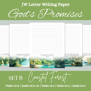 Papel para escribir cartas de los Testigos de Jehová – Colección Bosque Costero B / 5 diseños de versículos bíblicos imprimibles / Tamaños A4 y Carta EE. UU. / Promesas de Dios / Con y sin rayas