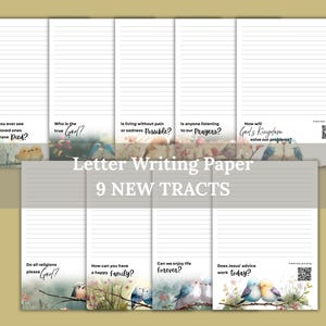 May include: Lined letter writing paper featuring watercolour bird illustrations. The paper includes questions such as "Who is the true God?" and "How will God's Kingdom solve our problems?"
