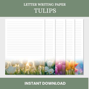 Papel para escribir cartas con tulipanes JW - Papelería imprimible / Tamaños A4 y carta / Diseño de 5 tulipanes / Descarga instantánea